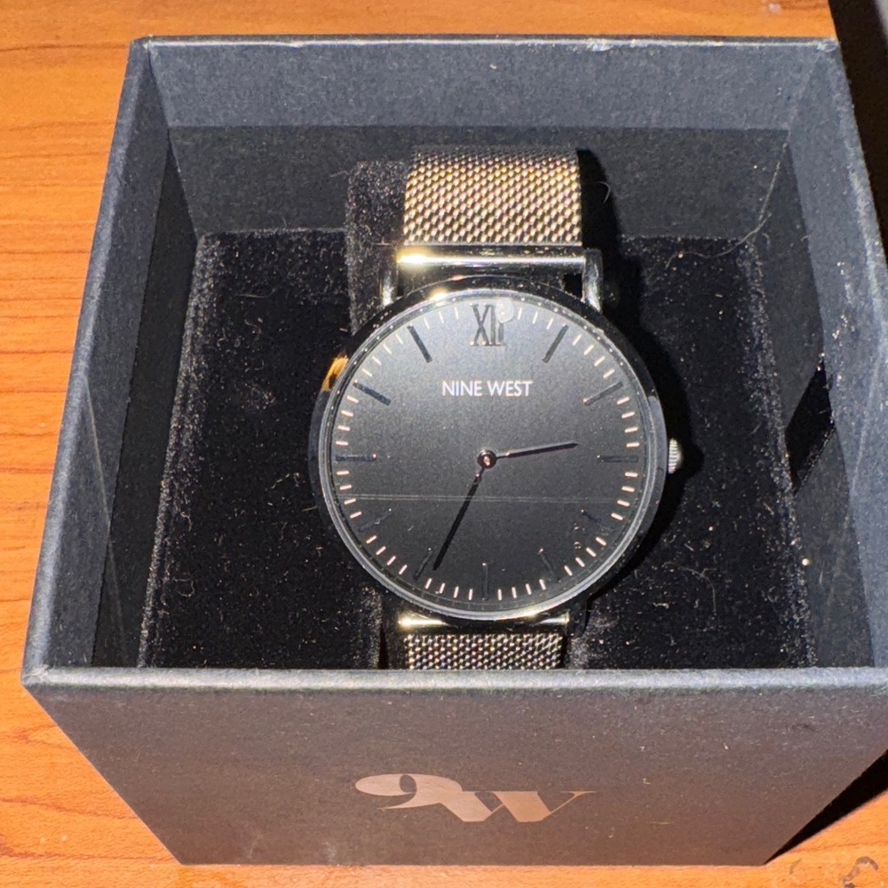 Nine West Men's Watch with Black Dial and Gold Mesh Strap